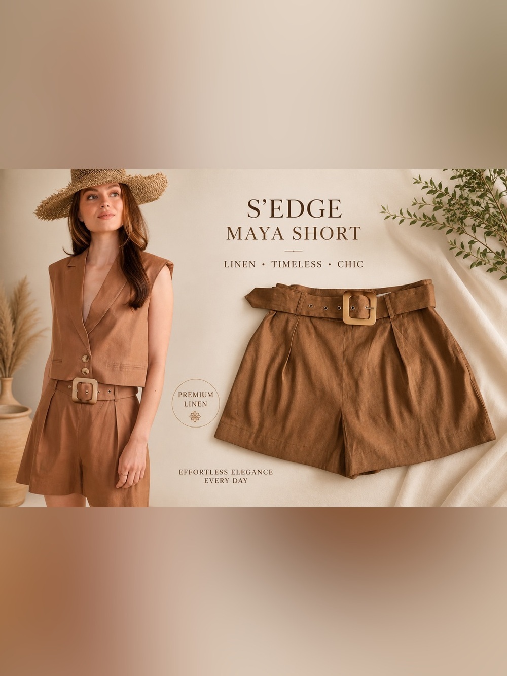 S’EDGE Maya Linen Shorts M Camel Resort Vacation Coastal Chic Belted Old Money